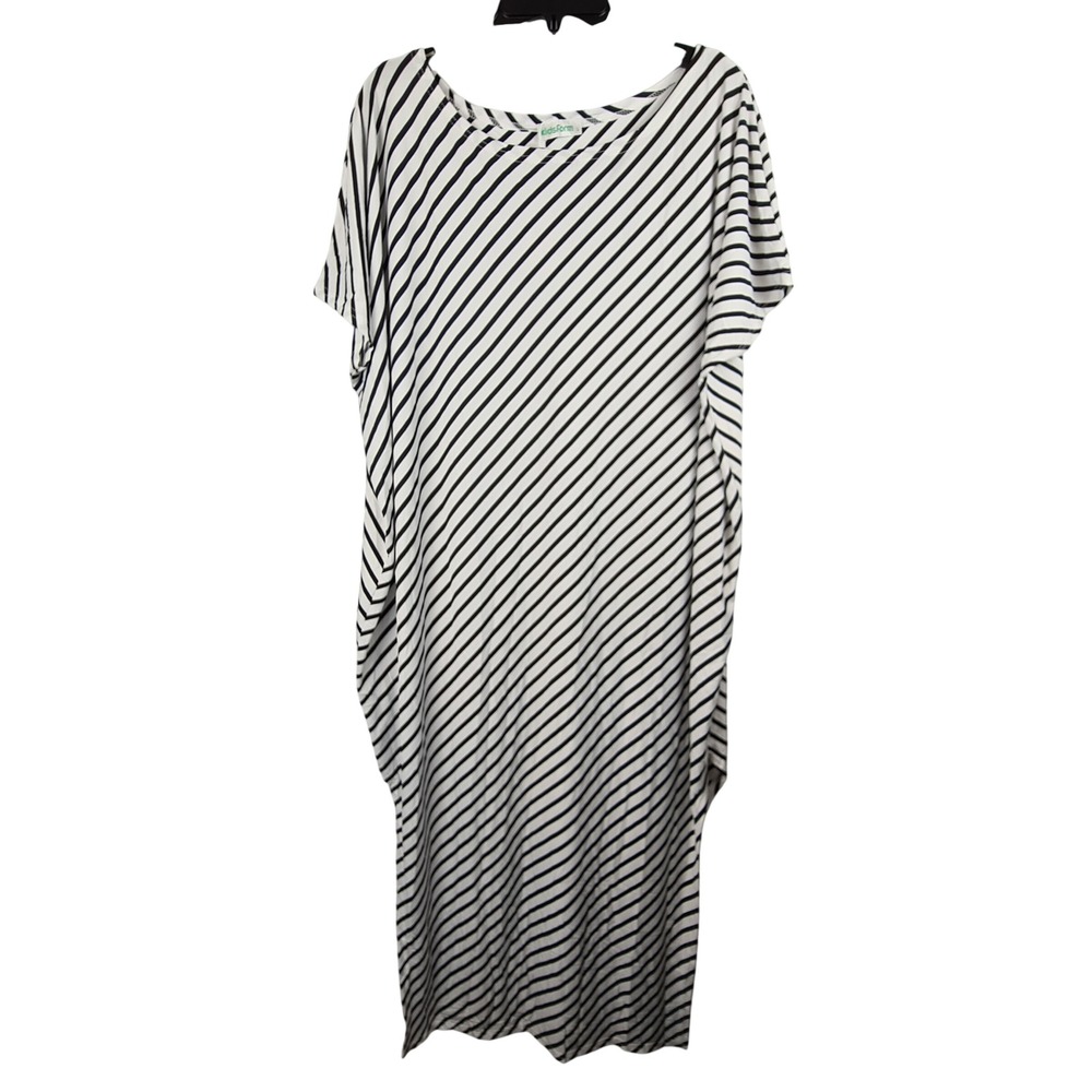 Kidsform Black White Diagonal Striped Kaftan Maxi Dress Boat Neck Side Slit L‎